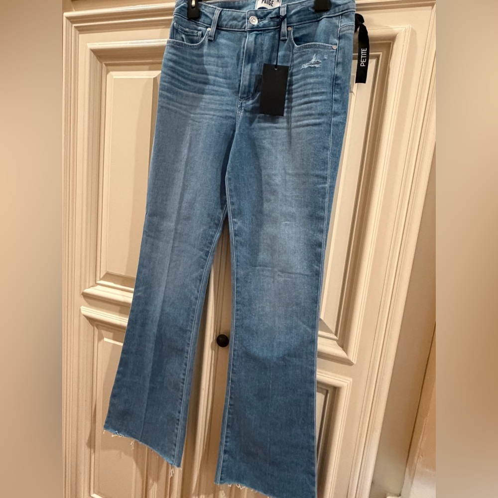 PAIGE Light Blue High-Rise Flare Jeans with Raw Edge